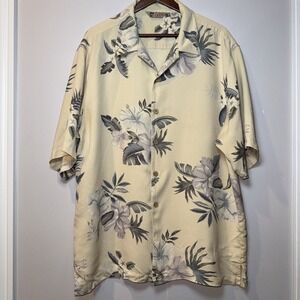 VTG 100% Silk IZOD Men SZ L Hawaiian Shirt Floral  Short Sleeve Neutral Palm ***